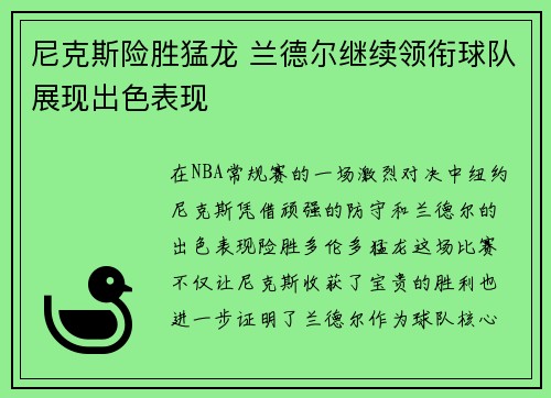 尼克斯险胜猛龙 兰德尔继续领衔球队展现出色表现