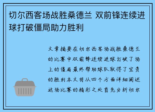 切尔西客场战胜桑德兰 双前锋连续进球打破僵局助力胜利