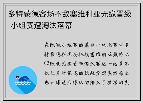 多特蒙德客场不敌塞维利亚无缘晋级 小组赛遭淘汰落幕