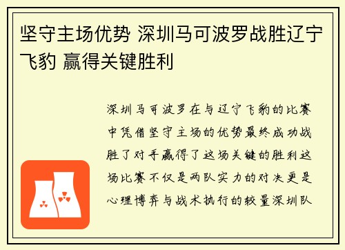 坚守主场优势 深圳马可波罗战胜辽宁飞豹 赢得关键胜利