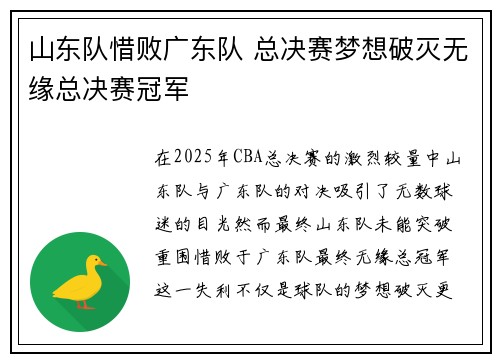 山东队惜败广东队 总决赛梦想破灭无缘总决赛冠军